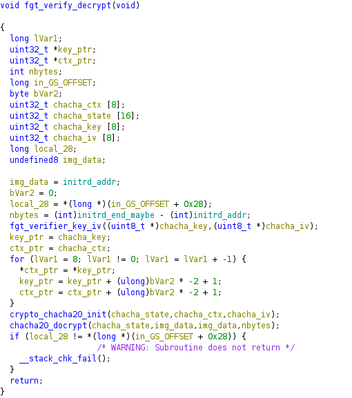 `fgt_verify_decrypt` 中的 ChaCha20 调用链