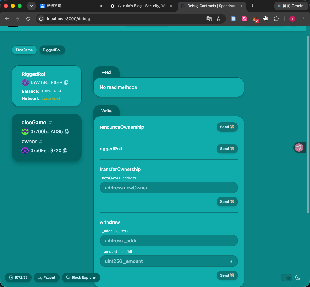 Debug Contracts 页面，RiggedRoll 没有 receive 函数