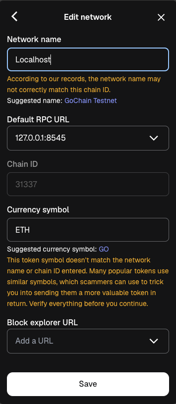 MetaMask 编辑网络:Localhost / 127.0.0.1:8545 / Chain ID 31337 / ETH