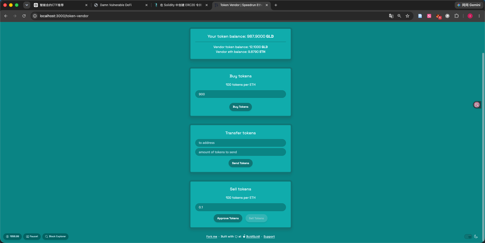 完整 UI:Your balance 987.9 GLD,Vendor token 12.1,Vendor ETH 9.879,Buy 输入 900,Transfer + Sell 区块可见